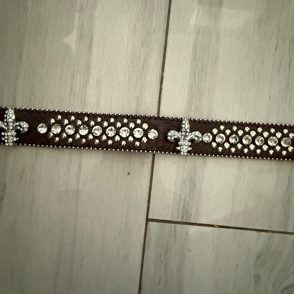 Leather Copper Bronze Fleur De Lis Western RHINESTONE Belt M SM - Picture 7 of 11